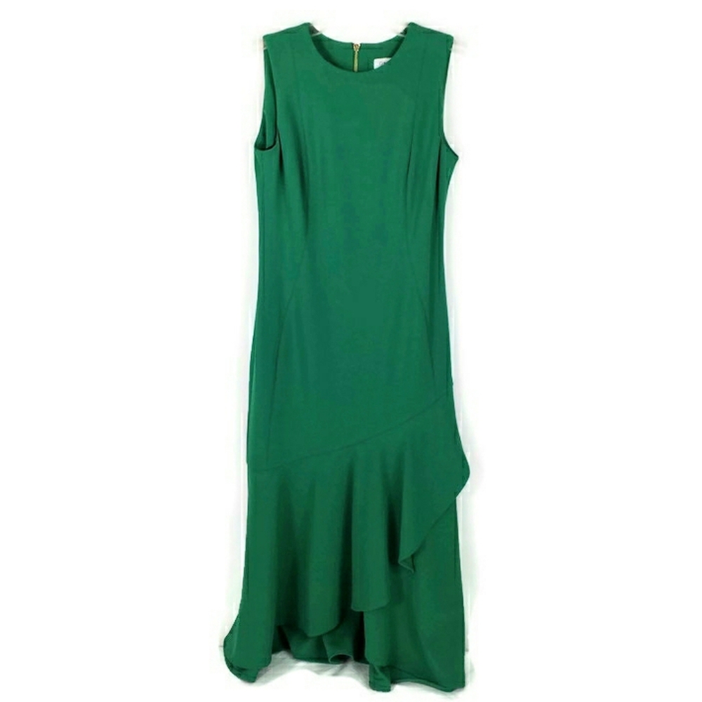 Calvin Klein Green Flounce Midi Sheath Dress Womens Size 4
